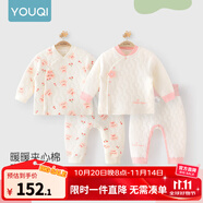 優(yōu)奇嬰兒衣服秋冬套裝寶寶保暖夾棉內衣高腰護肚男女兒童2件套秋冬裝 2套【萌小兔+花朵】 80