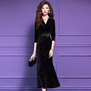 菲夢(mèng)伊原創(chuàng  )釘珠鑲鉆金絲絨連衣裙女秋裝輕熟收腰性感禮服長(cháng)裙 曜石黑 XL