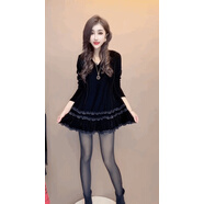 錦結思赫本風(fēng)蕾絲邊金絲絨領(lǐng)連衣裙女黑色遮肉高級感荷葉邊寬松字裙子 黑色連衣裙 L 85-108斤