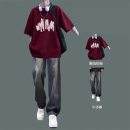 木清清夏季圓領(lǐng)短袖套裝男生純棉T恤潮流搭配高街牛仔褲痞帥時(shí)尚兩件套 【兩件套】紅純棉短袖+藍牛仔褲 S