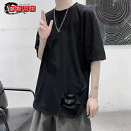 邊七@破洞長袖T恤男潮牌ins港風(fēng)寬松打底衫潮流百搭帥氣嘻哈搭配 汐B90半圓開叉黑色 2XL