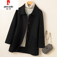 皮爾卡丹雙面羊毛大衣女短款寬松2025年秋冬新款小個(gè)子羊毛簡(jiǎn)約毛呢外套 黑色 S 80-100斤