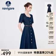 Navigare意大利小帆船短袖連衣裙女士夏季百搭A(yù)字裙時(shí)尚顯瘦復(fù)古牛仔長裙 海軍藍(lán) M 碼