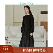 茵曼（INMAN）壓褶連衣裙春秋女新品美拉德立領燈籠袖中長款裙 黑色 S