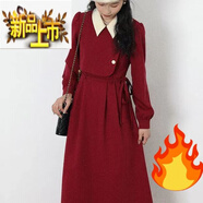 初徑加絨加厚法式桔梗假兩件長袖連衣裙女秋冬新款感氣質遮肉裙子 感氣質連衣裙(酒紅色加絨加厚) 2XL 適合140-160斤
