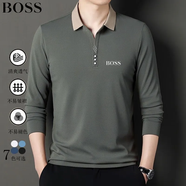 BOSS德國輕奢男士短袖T恤夏季商務(wù)休閑透氣翻領(lǐng)POLO衫男 輕奢888-綠色長袖 XL 建議140-155斤