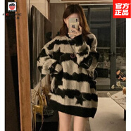 AEMAPE軟糯慵懶風(fēng)大碼撞色條紋針織衫女馬海毛中長(cháng)款毛衣裙秋冬加厚外搭 星星條紋上衣 L 建議110-125斤