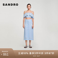 SANDRO2024夏季新品女裝法式鏤空花朵天藍高腰半身長裙SFPJU01154 40/天藍色 S (36)