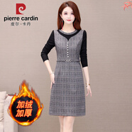 皮爾卡丹格子加厚連衣裙女2025年秋冬新款收腰顯瘦小個(gè)子時(shí)尚減齡打底裙子 灰色【808】【加絨加厚】 3XL 120-130斤
