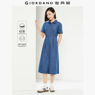 佐丹奴裙子女新款純棉牛仔連衣裙口袋收腰薄款牛仔襯衫裙05464319 68中藍 S