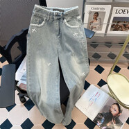 俞兆林（YUZHAOLIN）蕾絲花邊蝴蝶結淺藍色牛仔褲女秋冬2026新款寬松直筒拖地闊腿褲子 藍色【加絨】 加厚 M (建議95-105斤)