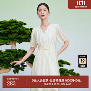 迪賽尼斯（DESIGNICE）新中式天絲裙子夏季新款國(guó)風(fēng)收腰杏色短袖連衣裙女 杏色 M