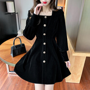 酒紅色小晚禮服方領(lǐng)長(cháng)袖絲絨結婚回門(mén)訂婚小禮服連衣裙敬酒服新娘 黑色 S