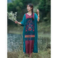 知筆墨民族風(fēng)重磅手工刺繡亞麻拼接寬松連衣裙 顯瘦國潮度假優(yōu)雅長(cháng)裙女 藍色繡花 均碼