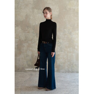 EGGKA半高領(lǐng)卷邊長(cháng)袖正肩T恤簡(jiǎn)約修身顯瘦休閑打底上衣E25A3908AF 黑色 均碼