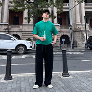 ZZ&FFFFMR 垂感立體夏季休閑褲子男款大尺碼寬松直筒灰色男褲運動厚棉 黑色 S