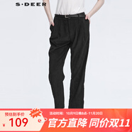 sdeer圣迪奧2021冬季自然腰通勤女裝復(fù)古腰帶壓褶肌理燈芯絨黑色直筒長(zhǎng)褲S21460812 黑色/91 M/165