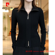 皮爾卡丹（pierre cardin）品牌高檔輕奢開衫外套毛衣女2025秋冬翻領(lǐng)雙拉鏈羊毛衫針織衫大碼 品牌高端新品-黑色 2XL (建議130-145斤)