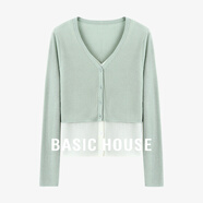 Basic House/百家好黑白撞色針織衫2025秋季修身假兩件V領(lǐng)上衣女 綠色 L