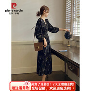 皮爾卡丹（pierre cardin）法式收腰加絨加厚長(cháng)袖連衣裙女春秋冬2025新款雪紡碎花裙子 黑色 連衣裙 S