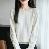 AOLAISEVENPAI 奧萊柒牌鑲鉆釘珠毛衣女2025新款蕾絲領(lǐng)輕奢上衣 杏色 M