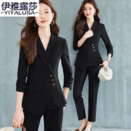 伊雅露莎高端職業(yè)小西裝女春秋新款商務小西服套裝氣質休閑面試工作服5512 黑色西裝+褲 L