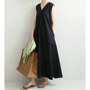 日系無(wú)袖背心裙長(cháng)款大擺連衣裙2025夏季新款口袋黑色復古V領(lǐng)長(cháng)裙 黑色 均碼