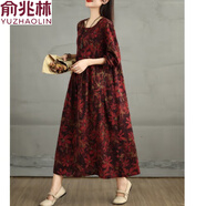 俞兆林2026春秋復古棉麻印花圓領(lǐng)長(cháng)袖連衣裙女寬松大碼顯瘦拼接A字裙女 紅色 XL 建議120-140斤