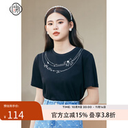 固執(zhí)（OBSTINATE）【特價】夏季新款復(fù)古刺繡釘珠圓領(lǐng)短袖t恤女裝00032TX08215 黑色 L 170/88A