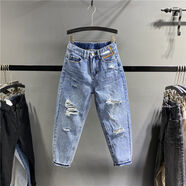 歐洲站2025春夏新款高腰破洞乞丐老爹褲女寬松顯瘦哈倫褲小腳垮褲 藍色 S S