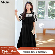 MsShe【條紋拼接假兩件連衣裙】大碼女裝2025夏裝胖mm顯瘦長裙子 黑色現(xiàn)貨 5XL
