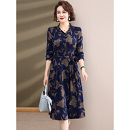 中老年女裝2025春秋季新款連衣裙時(shí)尚40媽媽裝打底長(cháng)裙子50歲洋氣 深藍色 2XL 【建議120-135斤】