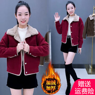 AEMAPE加絨加厚時(shí)尚格子外套女秋季2025秋冬季新款寬松短外套女 加絨 酒紅色 加厚 3XL 建議135-150斤