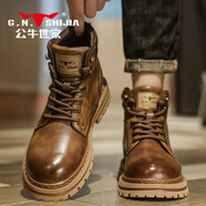 公牛世家（G.N.Shi Jia）馬丁靴男款真皮英倫風工裝靴子秋冬加絨高幫復古厚底皮鞋 古棕 38