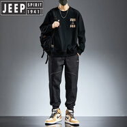 JEEP SPIRIT秋季男士休閑套裝潮牌舒適透氣衛(wèi)衣男春秋新款哈倫束腳牛仔褲 1001黑色+9008黑色 (裝) M (90-105斤)