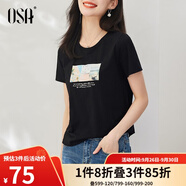 歐莎（OSA）白色短款T恤女士夏季新款衣服短袖印花顯瘦正肩上衣體恤修身 黑色 2XL