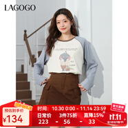 LAGOGO學(xué)院風撞色插肩袖百搭T恤女拉谷谷2025年秋季新款甜美上衣 藍米 S