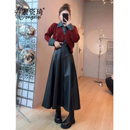宏資琦連衣裙秋冬女裝搭配一整套韓系輕熟風(fēng)牛仔拼接針織毛衣半身皮裙子 紅色毛衣+黑色皮裙 L