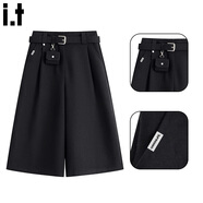 :CHOCOOLATE  it女裝美式羊毛毛呢西裝七分褲女2025年冬季新款直筒休閑闊腿褲 黑色 S