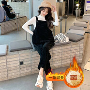 依鎏衣品孕婦裝背帶褲兩件套裝秋冬外穿全棉燈芯絨加絨加厚保暖吊帶褲毛衣 黑色（加絨）+白毛衣/套裝 M建議90-115斤