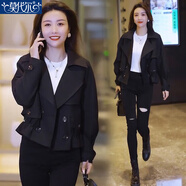 莫代爾短款風(fēng)衣外套女2025春秋季新款時(shí)尚百搭休閑流行西裝領(lǐng)工裝夾克 黑色 2XL