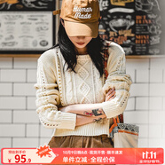 馬登女裝 復古圓領(lǐng)鏤空麻花菱格毛衣短款套頭米白色絞花針織衫 白米色 馬登工裝 S