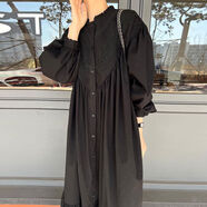 韓國chic早秋復古宮廷風(fēng)立領(lǐng)重工蕾絲鉤花寬松休閑長(cháng)袖純色連衣裙 黑色 均碼 均碼