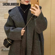 圣羅地奧帶帽毛衣女帶帽加厚大尺寸寬松針織開衫女式秋冬新款韓國設(shè)計(jì)中長(zhǎng) 灰色 S 建議75-90斤