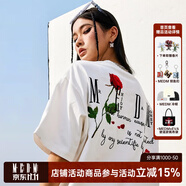 MEDM 玫瑰花立體刺繡美式街頭休閑圓領(lǐng)短袖夏季潮牌情侶寬松t恤男 白色（現(xiàn)貨） L
