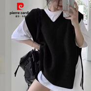 皮爾卡丹（pierre cardin）羊毛背心女韓國寬松V領(lǐng)針織馬甲外穿無(wú)袖毛衣中長(cháng)款套頭羊毛坎肩 黑色【開(kāi)叉款】  3XL 建議160-175斤