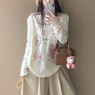 衣品元長(cháng)袖t恤女2025新款寬松日系正肩甜美百搭上衣學(xué)生打底衫慵懶休閑 白色 M （80-100斤）