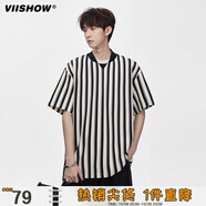 viishow復(fù)古雙拼V領(lǐng)條紋短袖T恤男寬松潮流休閑五分字母印花體恤 米白 L