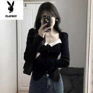 花花公子大碼法式方領(lǐng)泡泡袖針織衫女秋冬修身內搭打底衫設計感上衣感 黑色 S 【 90-100斤】