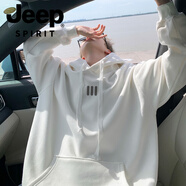 JEEP SPIRIT600G重磅100純棉衛(wèi)衣男秋冬季寬松大碼打底衫情侶裝顯瘦外套潮流 加肥加大碼男裝-白色 S